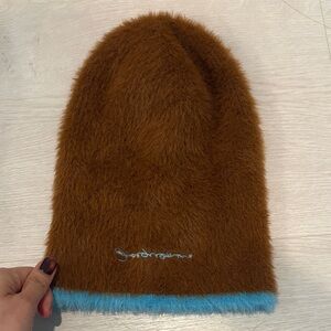 Jacquemus Brown Fuzzy Beanie with Blue Trim